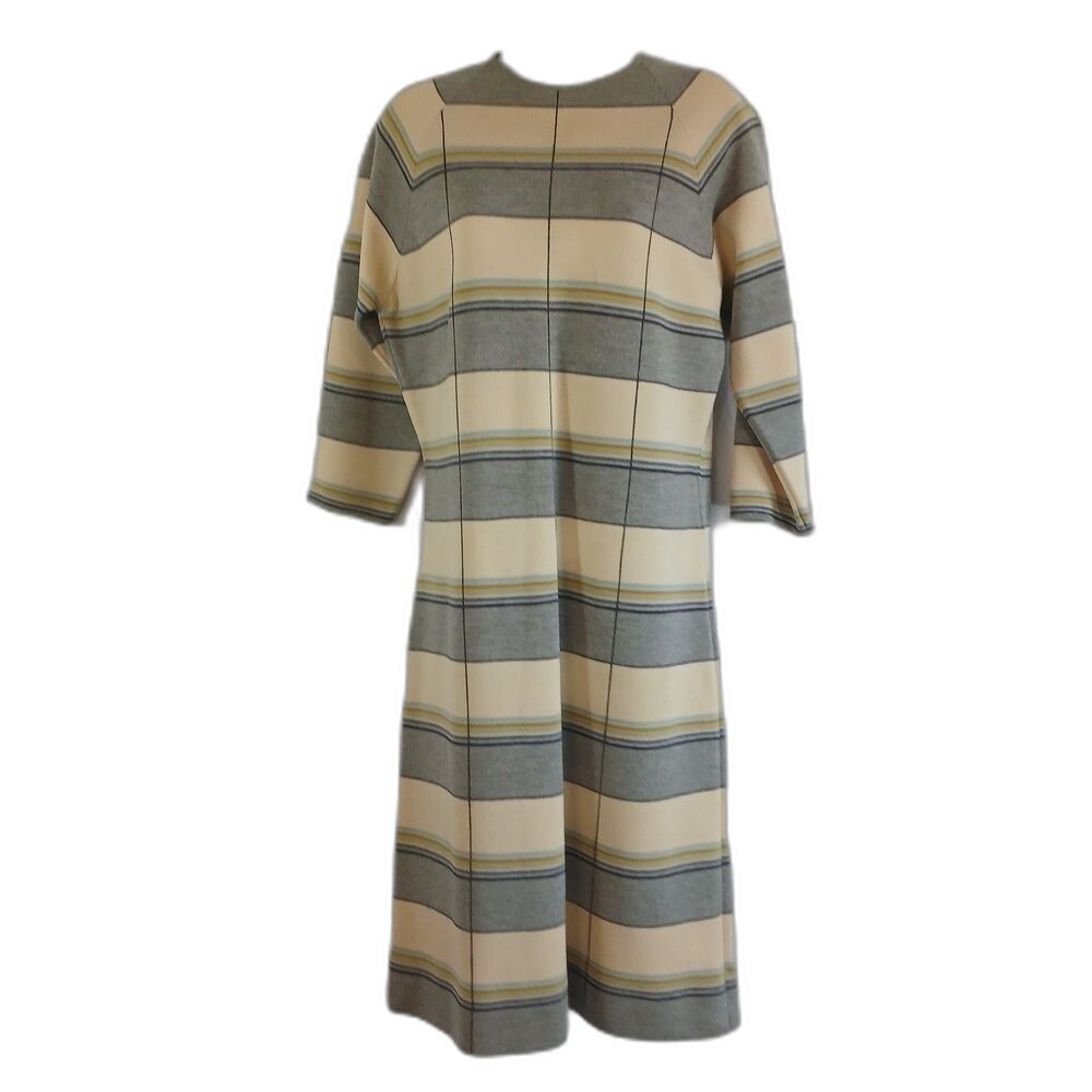 Cadillac vintage Dress Beige Stripe  Shift Wool Sz 16  Casual Office Wear